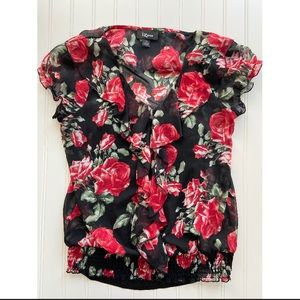 IZ Byer rose print ruffle front sheer top